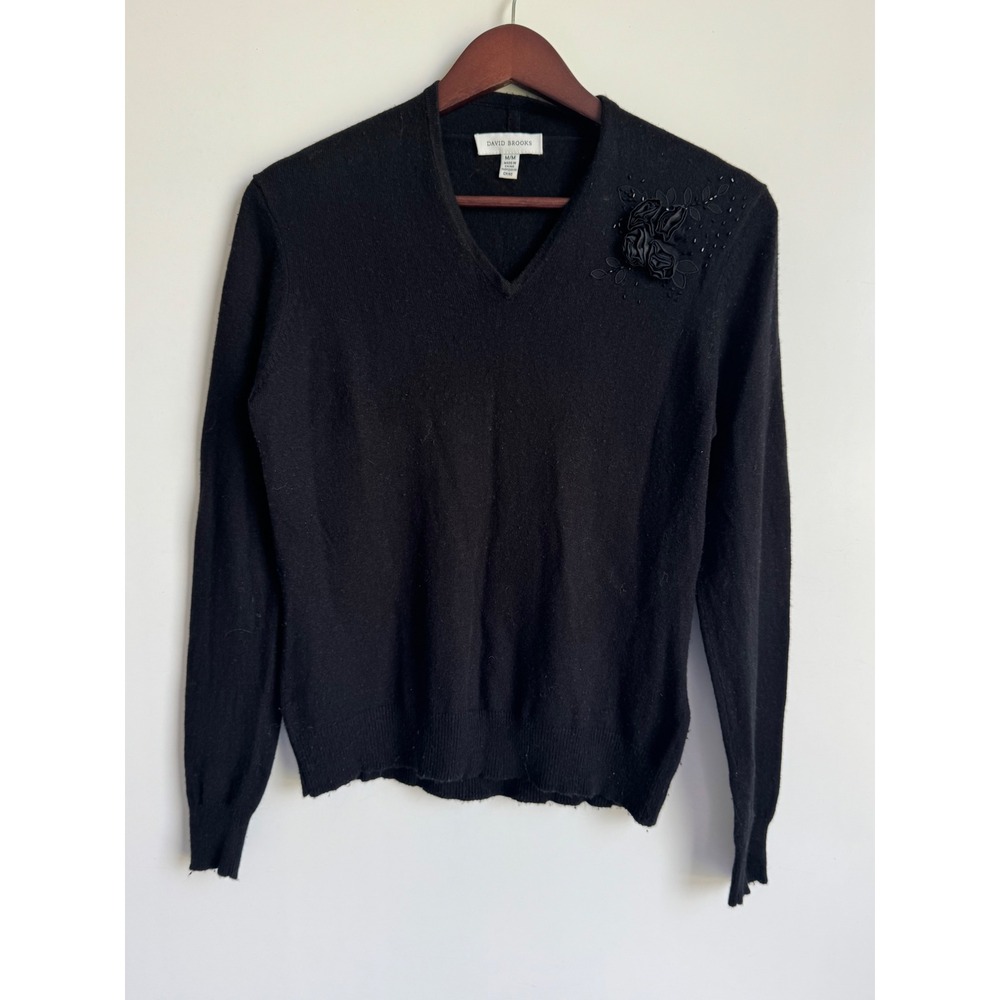 David Brooks Silk Cashmere Rosette V-Neck Sweater Black Beaded Floral Medium Lux